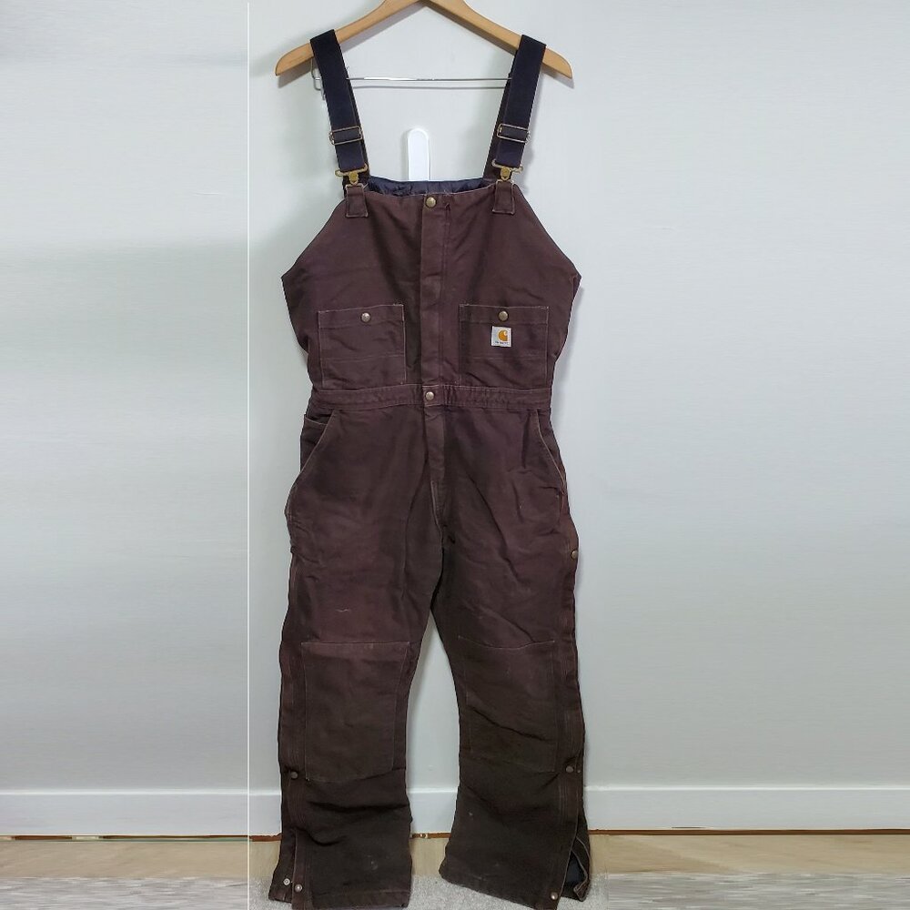 CARHARTT Quilt Lined Duck Bib Overalls Zip Legs Insulated Brown Women's 14 x 31